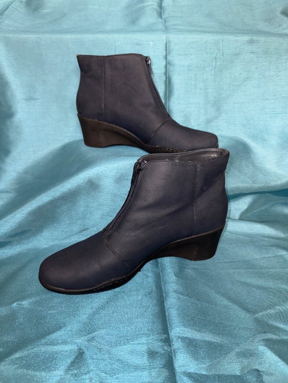 Women's A2 Aerosoles World Tor Heelrest Navy zip up wedge booties